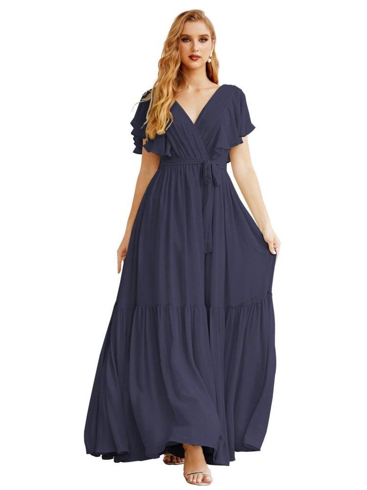 NumberSea - Women's Open Back Formal Evening Party Prom Gowns V - Neck Long Chiffon Bridesmaid Dresses with Waist Belt SEA28038