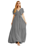 NumberSea - Women's Open Back Formal Evening Party Prom Gowns V - Neck Long Chiffon Bridesmaid Dresses with Waist Belt SEA28038