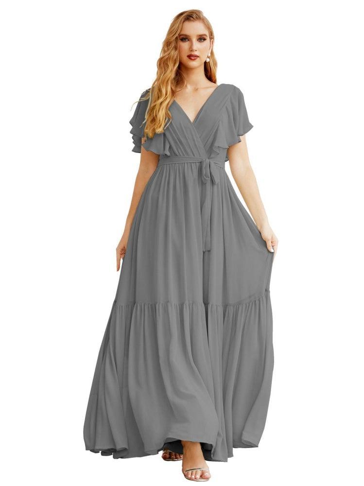 NumberSea - Women's Open Back Formal Evening Party Prom Gowns V - Neck Long Chiffon Bridesmaid Dresses with Waist Belt SEA28038