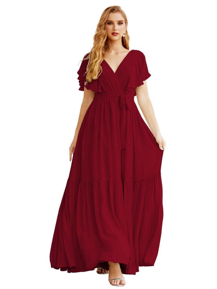 NumberSea - Women's Open Back Formal Evening Party Prom Gowns V - Neck Long Chiffon Bridesmaid Dresses with Waist Belt SEA28038