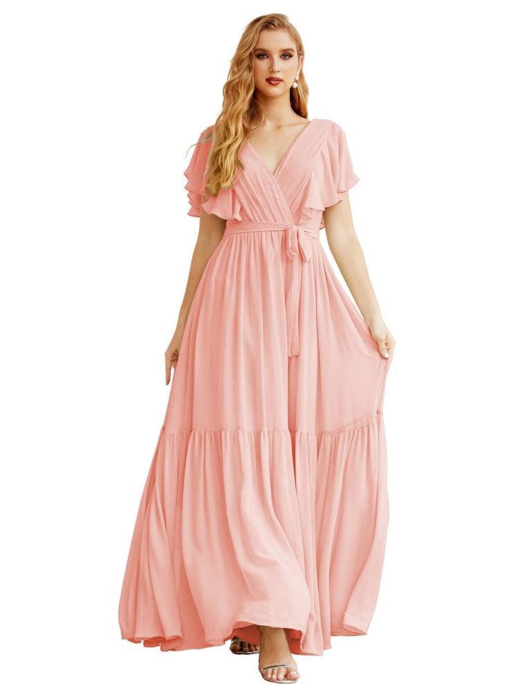 NumberSea - Women's Open Back Formal Evening Party Prom Gowns V - Neck Long Chiffon Bridesmaid Dresses with Waist Belt SEA28038