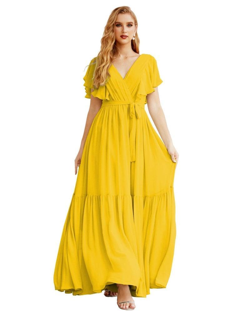 NumberSea - Women's Open Back Formal Evening Party Prom Gowns V - Neck Long Chiffon Bridesmaid Dresses with Waist Belt SEA28038