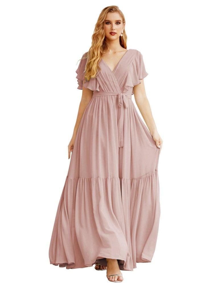 NumberSea - Women's Open Back Formal Evening Party Prom Gowns V - Neck Long Chiffon Bridesmaid Dresses with Waist Belt SEA28038