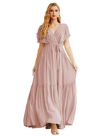 NumberSea - Women's Open Back Formal Evening Party Prom Gowns V - Neck Long Chiffon Bridesmaid Dresses with Waist Belt SEA28038