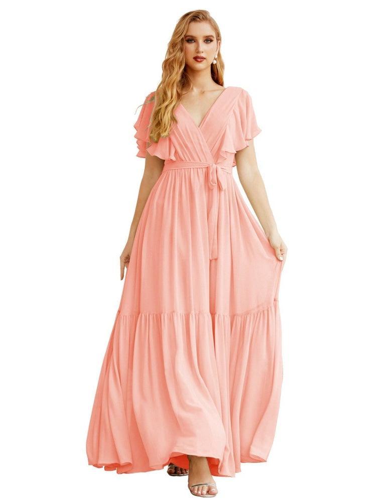 NumberSea - Women's Open Back Formal Evening Party Prom Gowns V - Neck Long Chiffon Bridesmaid Dresses with Waist Belt SEA28038