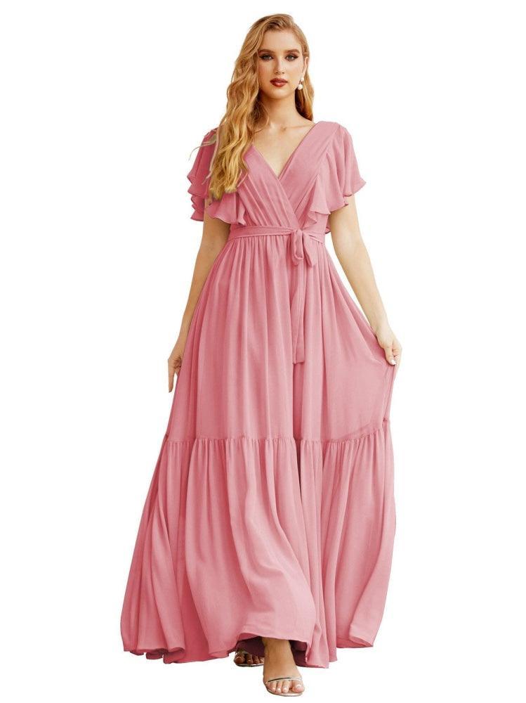 NumberSea - Women's Open Back Formal Evening Party Prom Gowns V - Neck Long Chiffon Bridesmaid Dresses with Waist Belt SEA28038