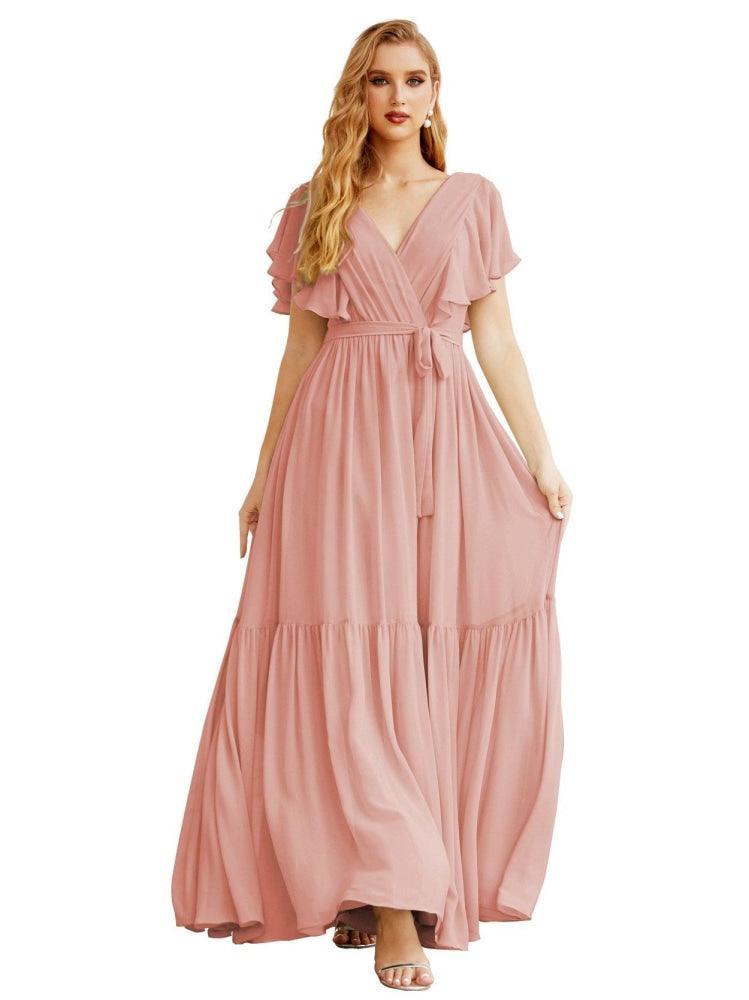 NumberSea - Women's Open Back Formal Evening Party Prom Gowns V - Neck Long Chiffon Bridesmaid Dresses with Waist Belt SEA28038