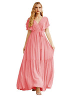 NumberSea - Women's Open Back Formal Evening Party Prom Gowns V - Neck Long Chiffon Bridesmaid Dresses with Waist Belt SEA28038