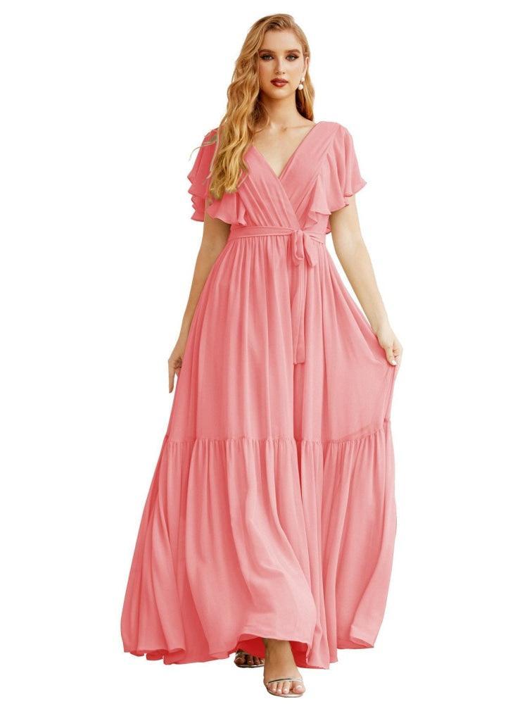 NumberSea - Women's Open Back Formal Evening Party Prom Gowns V - Neck Long Chiffon Bridesmaid Dresses with Waist Belt SEA28038