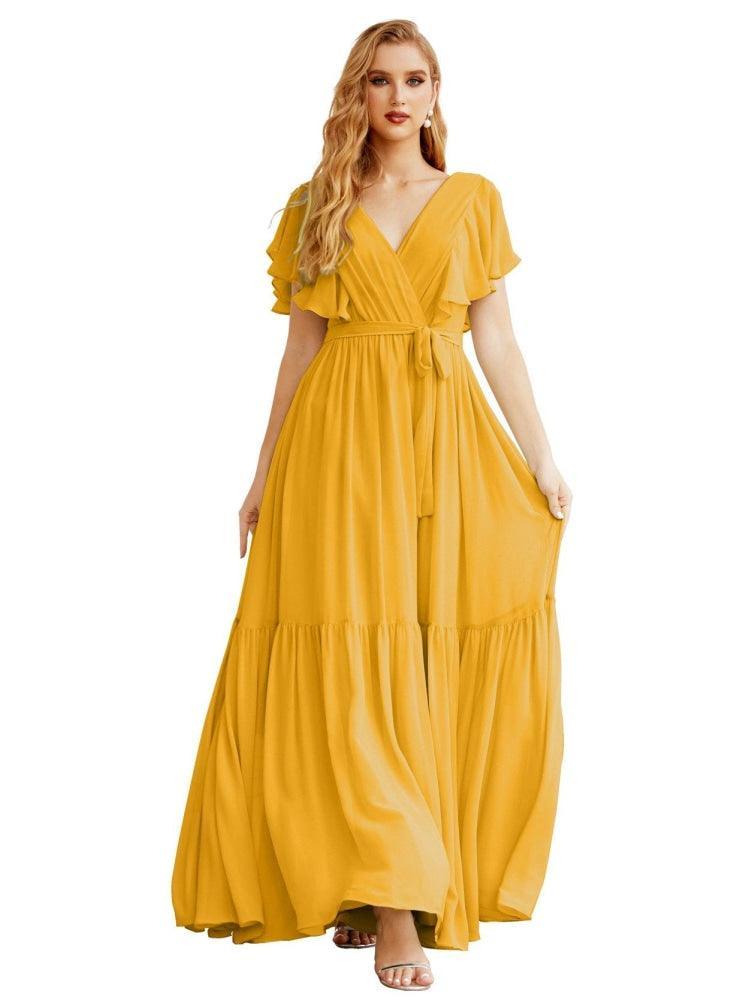 NumberSea - Women's Open Back Formal Evening Party Prom Gowns V - Neck Long Chiffon Bridesmaid Dresses with Waist Belt SEA28038