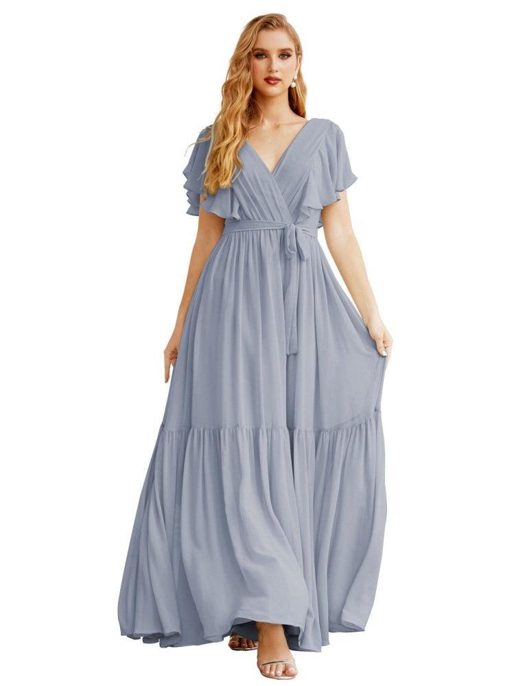 NumberSea - Women's Open Back Formal Evening Party Prom Gowns V - Neck Long Chiffon Bridesmaid Dresses with Waist Belt SEA28038