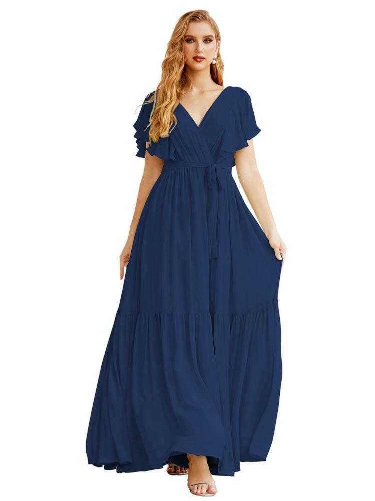 NumberSea - Women's Open Back Formal Evening Party Prom Gowns V - Neck Long Chiffon Bridesmaid Dresses with Waist Belt SEA28038