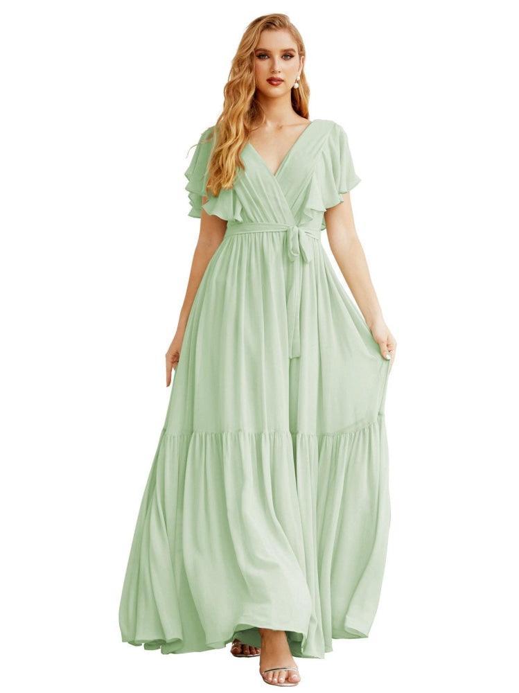 NumberSea - Women's Open Back Formal Evening Party Prom Gowns V - Neck Long Chiffon Bridesmaid Dresses with Waist Belt SEA28038