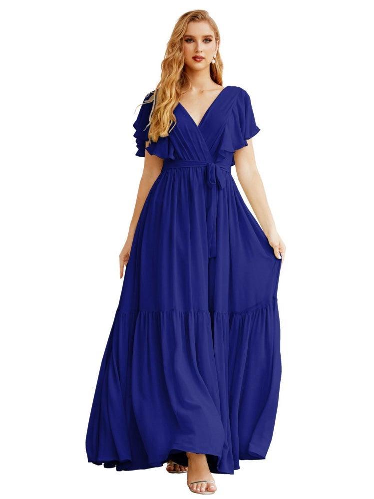 NumberSea - Women's Open Back Formal Evening Party Prom Gowns V - Neck Long Chiffon Bridesmaid Dresses with Waist Belt SEA28038