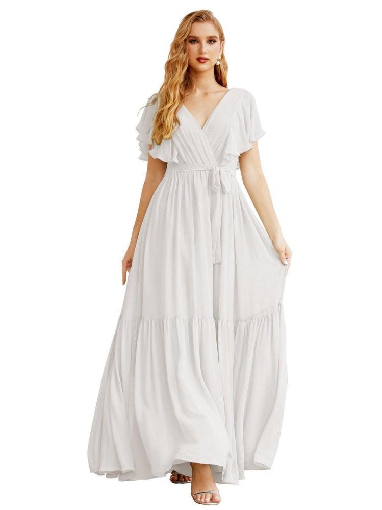 NumberSea - Women's Open Back Formal Evening Party Prom Gowns V - Neck Long Chiffon Bridesmaid Dresses with Waist Belt SEA28038