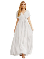 NumberSea - Women's Open Back Formal Evening Party Prom Gowns V - Neck Long Chiffon Bridesmaid Dresses with Waist Belt SEA28038