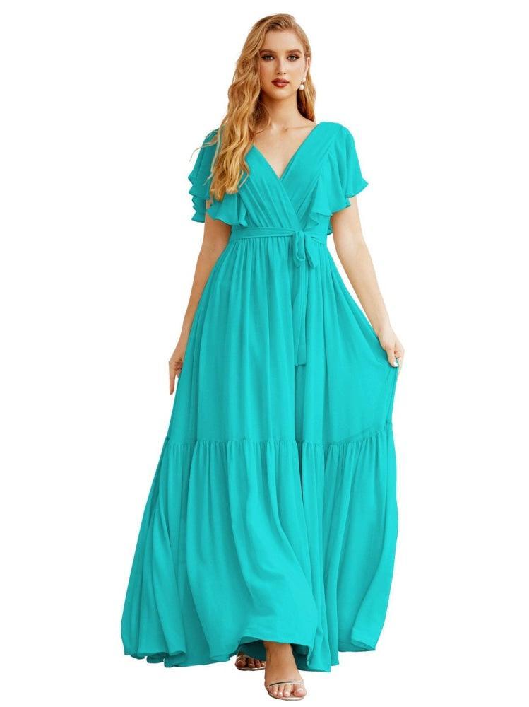 NumberSea - Women's Open Back Formal Evening Party Prom Gowns V - Neck Long Chiffon Bridesmaid Dresses with Waist Belt SEA28038