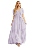 NumberSea - Women's Open Back Formal Evening Party Prom Gowns V - Neck Long Chiffon Bridesmaid Dresses with Waist Belt SEA28038