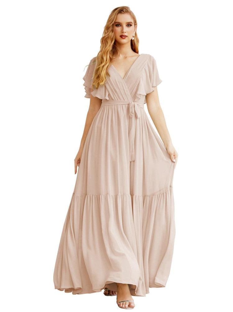 NumberSea - Women's Open Back Formal Evening Party Prom Gowns V - Neck Long Chiffon Bridesmaid Dresses with Waist Belt SEA28038