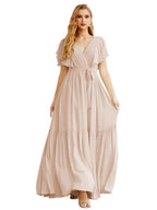 NumberSea - Women's Open Back Formal Evening Party Prom Gowns V - Neck Long Chiffon Bridesmaid Dresses with Waist Belt SEA28038
