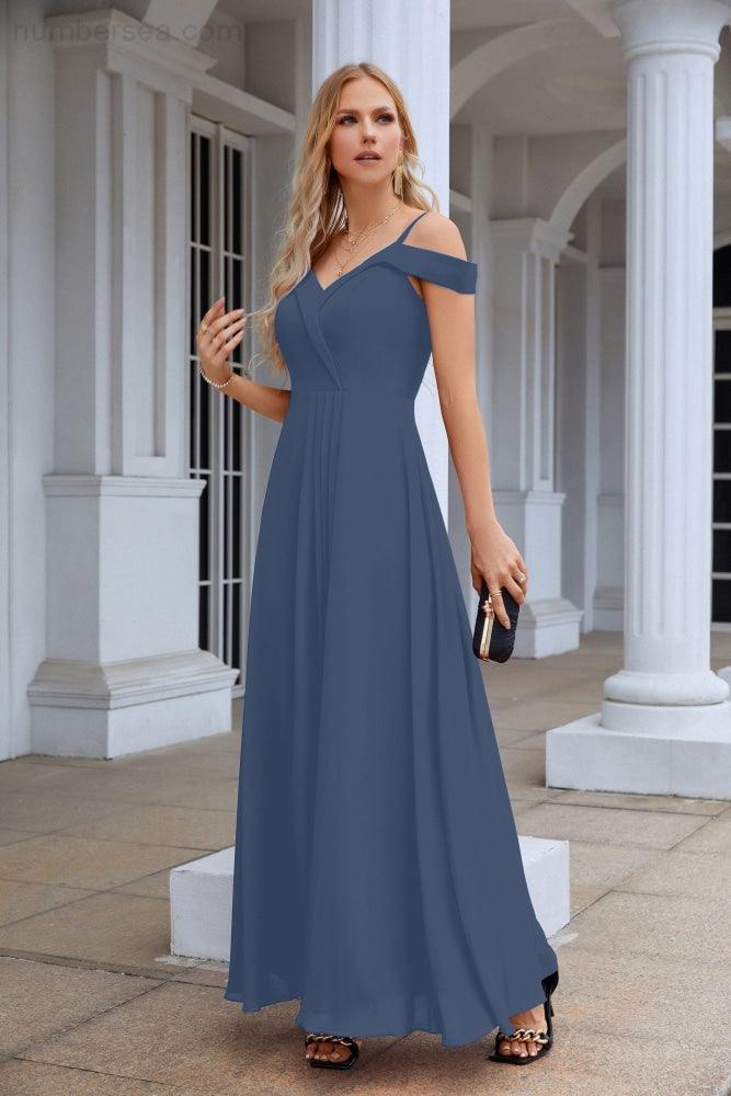Women's thin strap off the shoulder bridesmaid mopping the floor evening dress 28093-numbersea