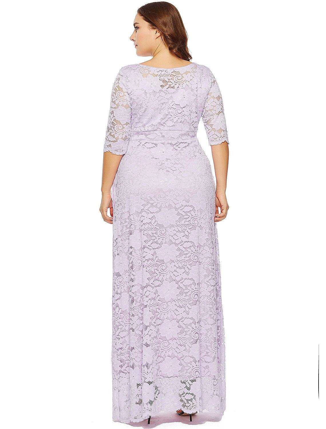 Etui-Linie/Säulenkleid in Übergröße, weiß, für die Feiertage, Hochzeitsgäste, Rundhalsausschnitt, halbe Ärmel, bodenlang, Spitze mit Spitzeneinsatz
