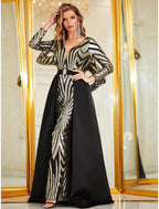 Vestido de noche sirena/trompeta con brillo y brillo, vestido formal para boda, largo hasta el suelo, manga larga, cuello en V, poliéster desmontable con sobrefalda de lentejuelas