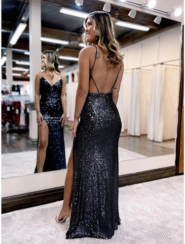 Meerjungfrau/Trompete Ballkleider Sparkle &amp; Shine Kleid Formale Hochzeit Party Bodenlang Ärmellos V-Ausschnitt Pailletten Rückenfrei mit Pailletten