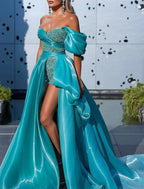Vestido de fiesta, vestido de noche, vestido brillante y resplandeciente, vestido de graduación, cumpleaños, cola de corte, sin mangas, sin tirantes, de satén desmontable con lentejuelas