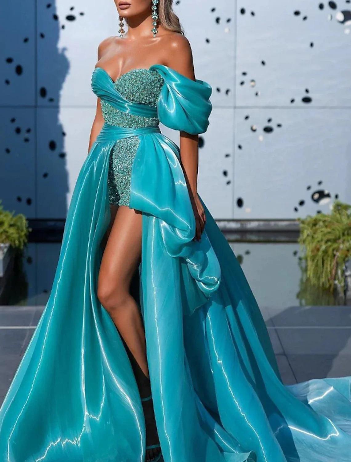 Vestido de fiesta, vestido de noche, vestido brillante y resplandeciente, vestido de graduación, cumpleaños, cola de corte, sin mangas, sin tirantes, de satén desmontable con lentejuelas