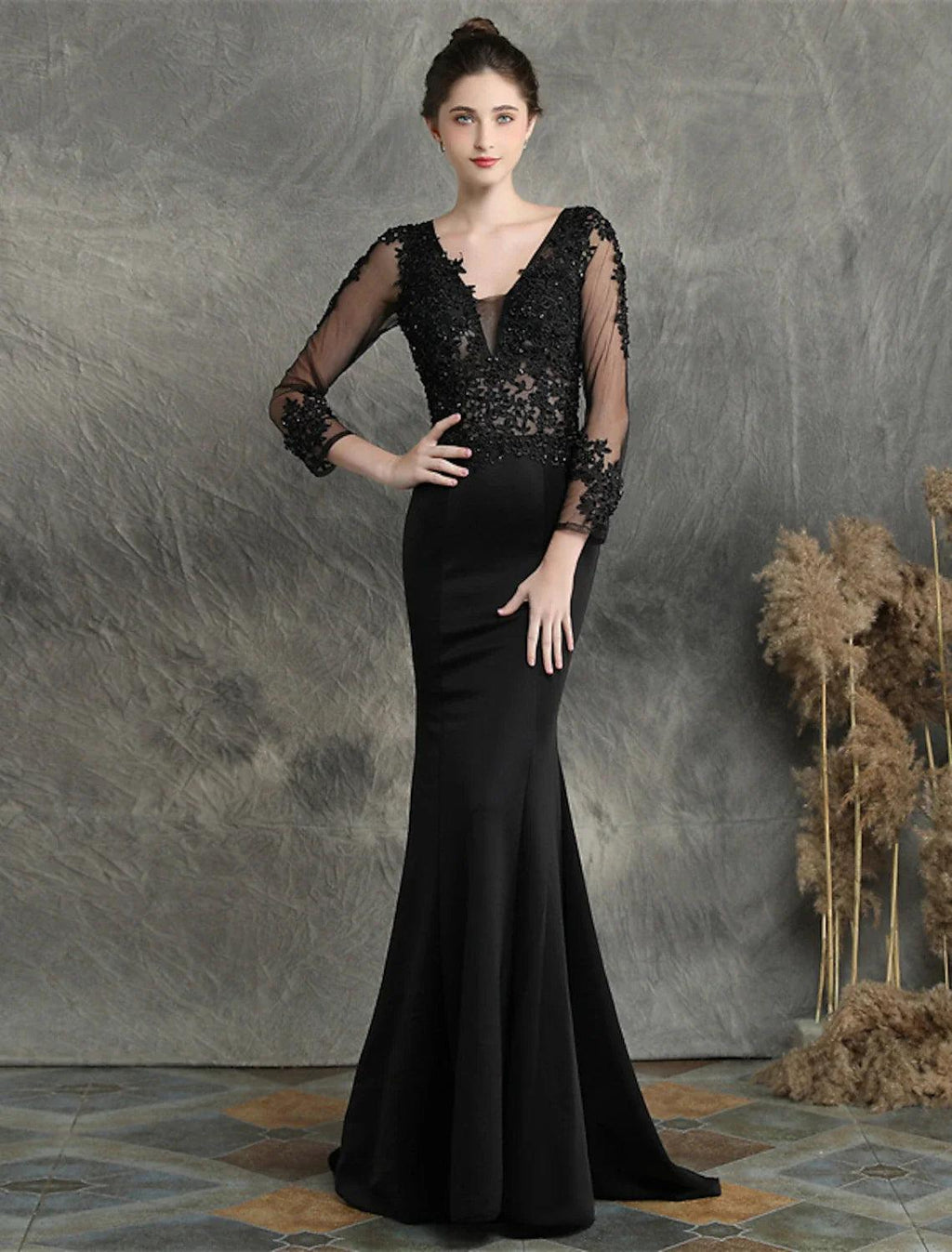 Vestidos de fiesta de sirena/trompeta, elegantes, formales, para invitados de boda, con cola larga y escote en V, de mezcla de algodón con apliques de cuentas.