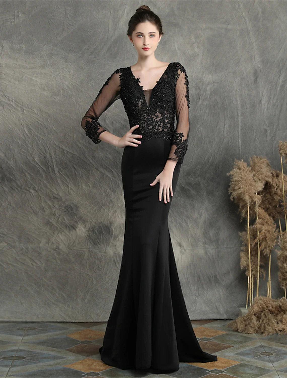 Vestidos de fiesta de sirena/trompeta, elegantes, formales, para invitados de boda, con cola larga y escote en V, de mezcla de algodón con apliques de cuentas.