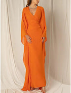 Etui-/Säulen-Abendkleid, elegantes Kleid, formell, Herbst, knöchellang, lange Ärmel, V-Ausschnitt, Chiffon mit gerüschen