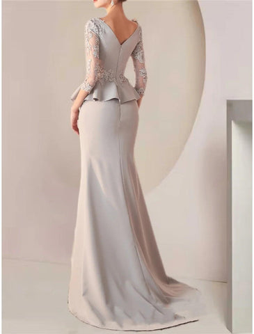 Mermaid / Trumpet Mother of the Bride Dress Wedding Guest Elegant V Neck Sweep / Brush Train Stretch Fabric Half Sleeve with Lace Ruching