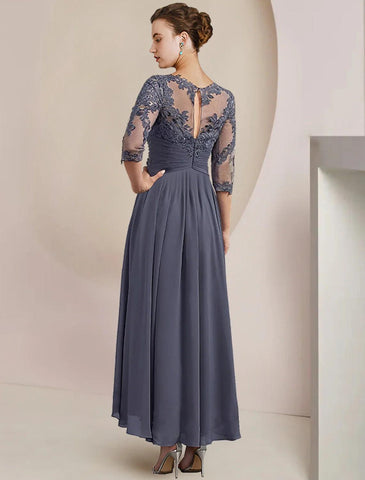 Vestido de dos piezas de corte A para madre de la novia, para invitada de boda formal, elegante, escote redondo, largo hasta la rodilla, de gasa con encaje, mangas 3/4, cruzado incluido, con apliques fruncidos