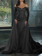 Vestidos de novia de otoño formales de compromiso, corte tubo/columna, hombros descubiertos, manga larga, cola capilla, satén, con apliques, color liso, para fiesta de bodas de verano.