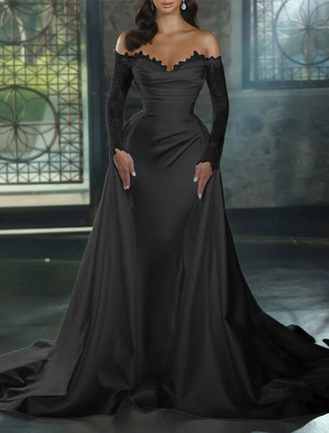 Robes de mariée formelles d'automne de fiançailles gaine / colonne épaule dénudée manches longues train chapelle robes de mariée en satin avec appliques couleur unie fête de mariage d'été