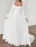 Hall Casual Brautkleider A-Linie Square Neck Langarm Hofschleppe Chiffon Brautkleider mit Schleife(n) Einfarbig