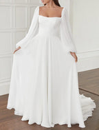 Hall Casual Brautkleider A-Linie Square Neck Langarm Hofschleppe Chiffon Brautkleider mit Schleife(n) Einfarbig
