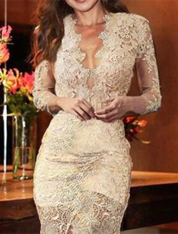 Meerjungfrau/Trompete Abendkleid Sexy Kleid Formeller Hochzeitsgast Sweep/Pinselzug Langarm V-Ausschnitt Herbst Hochzeitsempfang Spitze mit Schlitzapplikationen