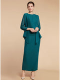 Sheath / Column Mother of the Bride Dress Wedding Guest Elegant Simple Jewel Neck Ankle Length Chiffon Long Sleeve with Split Front Ruching Solid Color