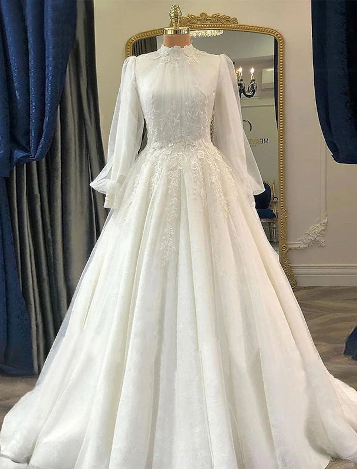 Verlobung Vintage 1940er / 1950er Jahre Formelle Herbsthochzeitskleider Ballkleid Hoher Hals Langarm Hofschleppe Spitzenbrautkleider mit Faltenapplikationen Sommerhochzeitsfeier
