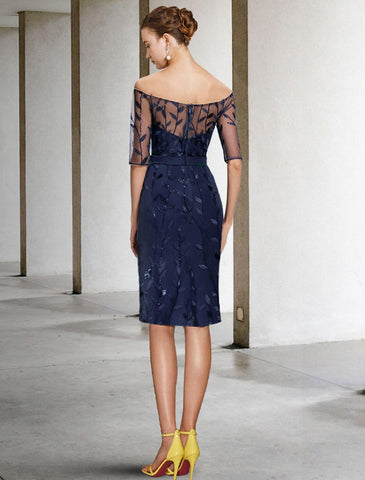 Zweiteiliges Etuikleid/Säulenkleid für die Mutter der Braut, formelle Hochzeitsgäste, Sparkle &amp; Shine, elegantes, schulterfreies, knielanges Chiffon-Spitzenkleid mit Pailletten, halbe Ärmel mit Schleifenapplikationen