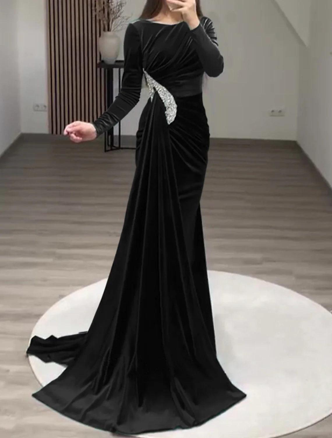 Sheath Evening Gown Vintage Black Dress Plus Size Formal Velvet Christmas Red Green Dress Floor Length Long Sleeve Off Shoulder Fall Wedding Reception with Rhinestone Slit