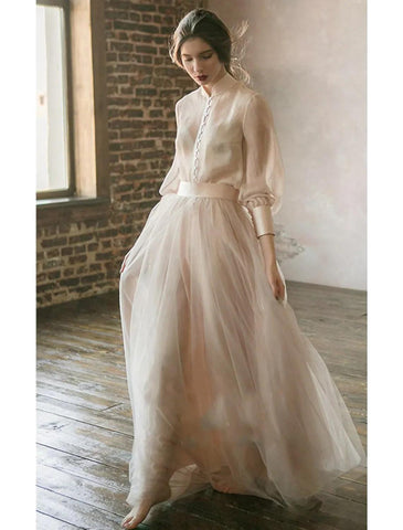 Numbersea Two Piece Empire Minimalist Wedding Guest Formal Evening Birthday Dress Stand Collar Long Sleeve Floor Length Chiffon with Tier