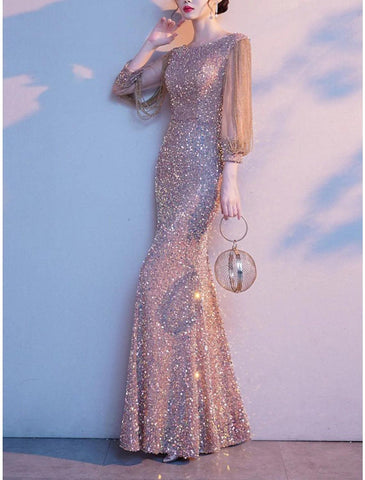 Etui-/Säulenkleid für die Brautmutter, elegant, funkelnd und glänzend, zierlich, Rundhalsausschnitt, bodenlang, mit Pailletten besetzt, 3/4-Ärmel, einfarbig