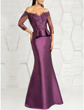 Mermaid / Trumpet Mother of the Bride Dress Wedding Guest Party Elegant Off Shoulder Floor Length Stretch Satin 3/4 Length Sleeve with Lace Sequin Ruching