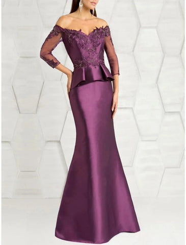 Mermaid / Trumpet Mother of the Bride Dress Wedding Guest Party Elegant Off Shoulder Floor Length Stretch Satin 3/4 Length Sleeve with Lace Sequin Ruching
