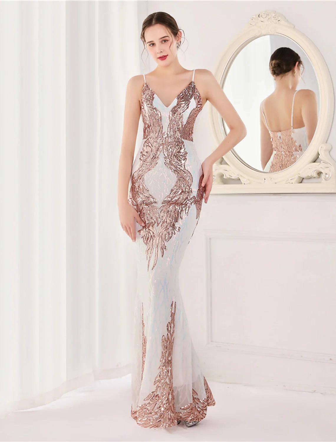 Mermaid / Trumpet Evening Gown Sparkle & Shine Dress Formal Wedding Guest Floor Length Sleeveless Spaghetti Strap Sequined with Sequin