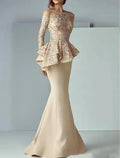 Formal Wedding Guest Elegant Scoop Neck Floor Length Lace Stretch Fabric Long Sleeve with Ruffles Appliques Mother of the Bride Dress